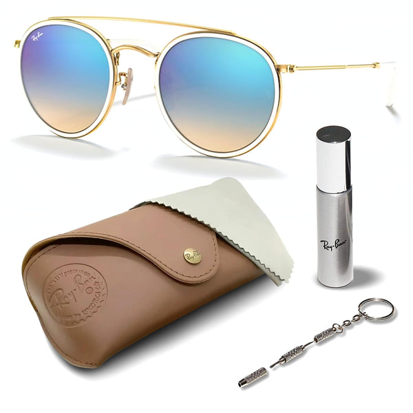 Ray-Ban RB3647N ROUND DOUBLE BRIDGE Round Shaped Non-Polarized Sunglasses for Men & Women – Includes Official RAYBAN Eyewear Kit – Ideal Formal & Casual Wear Sunglasses – Blue Flash Lens