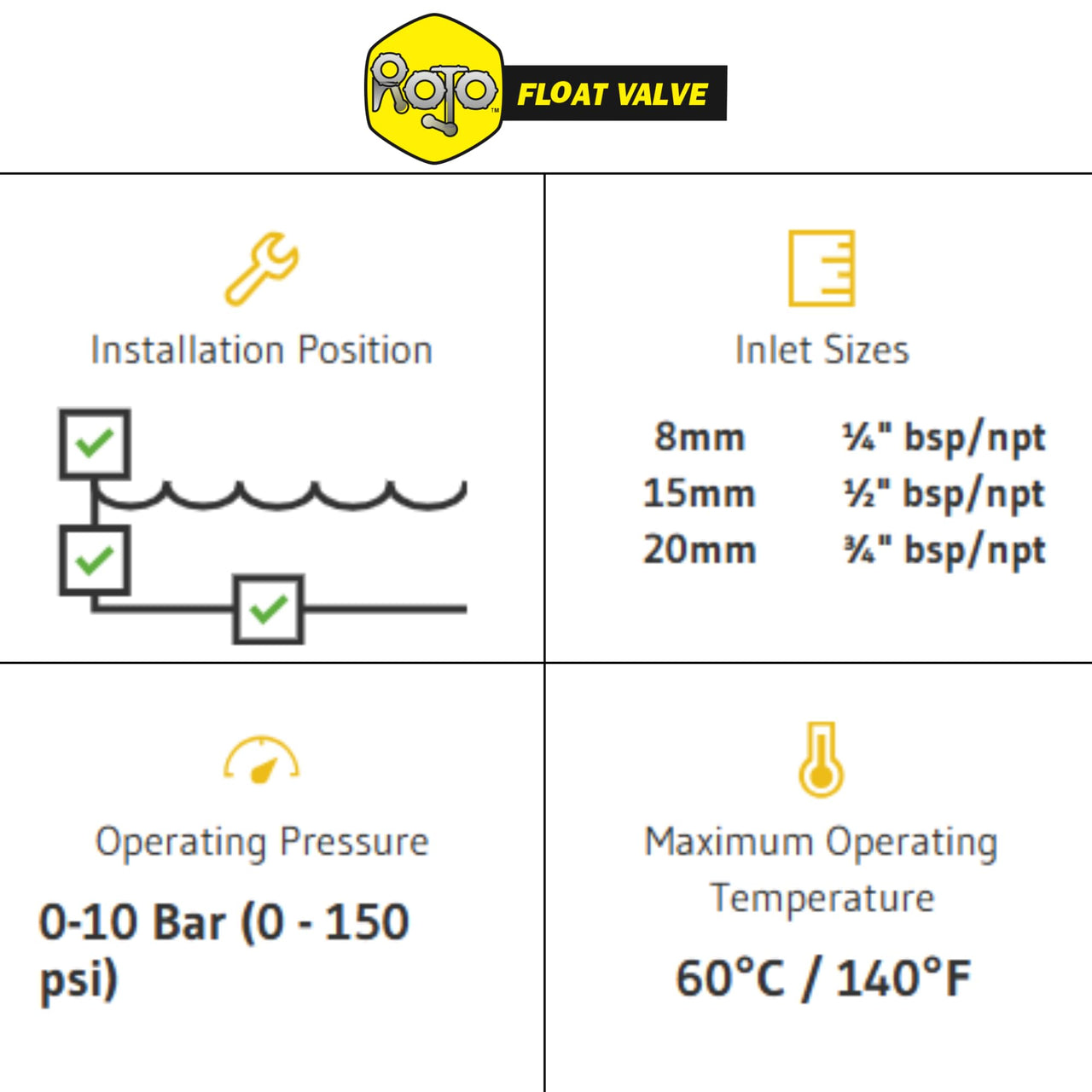 Rojo Float Valve, 3/4", Black/Yellow