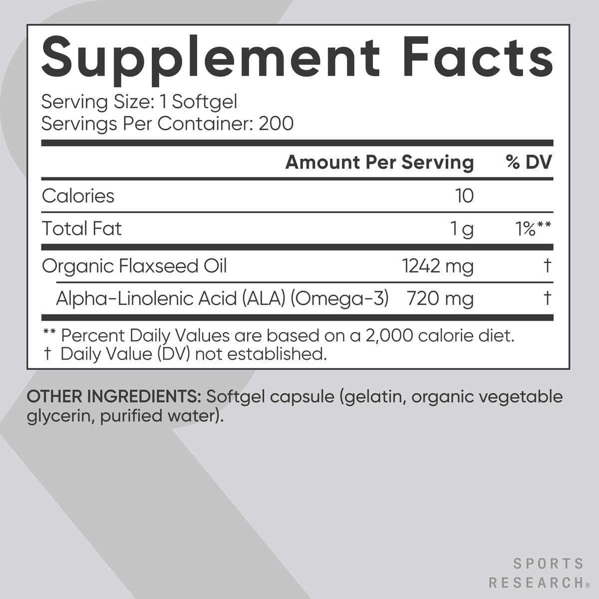 Sports Research Organic Flaxseed Oil Softgels 1242mg - Plant Based Omega 3 Supplement with 720mg ALA for Women & Men - Non-GMO, Soy & Gluten Free (200 Count)