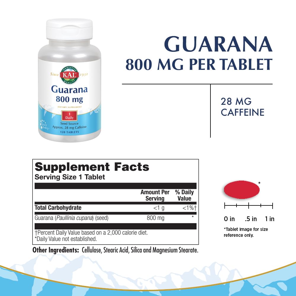 KAL Guarana 800 | Approx. 28 milligrams of Naturally Occurring Caffeine | Healthy Energy and Focus Support | 120 Tablets