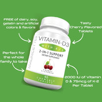 Thumbnail for Mauricettes Chewable Vitamin D3 with K2 – 2-in-1 Bone & Heart Health Support – Immune Booster – Natural Cherry Flavor – 90 Tablets for Adults & Kids