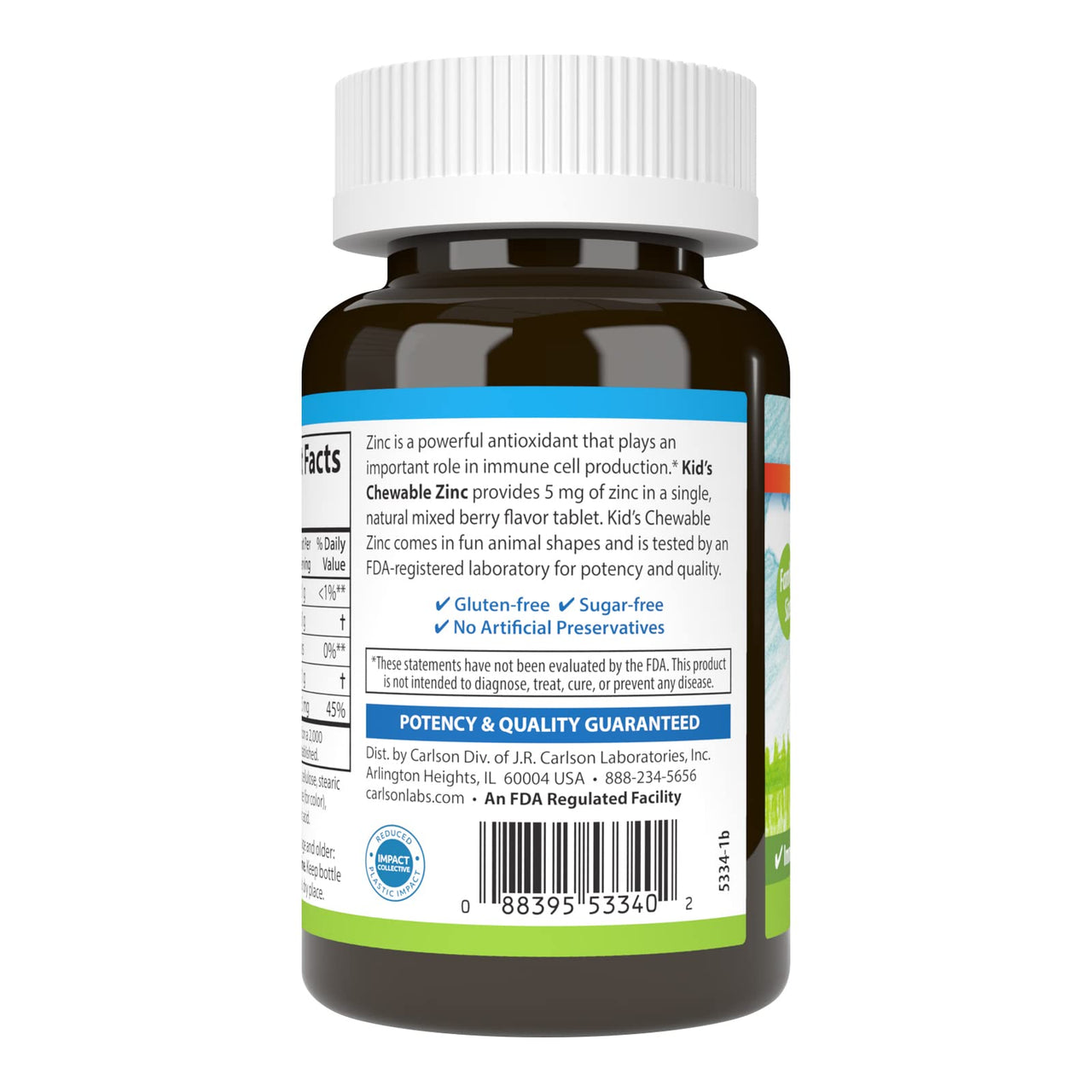 Carlson - Kid's Chewable Zinc, 5 mg, Health Support, Natural Mixed Berry Flavor, 160 Tablets