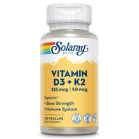 Thumbnail for SOLARAY Vitamin D3 K2 - Bone Health and Immune Support Supplement - With 5000 IU Vitamin D as Vit D3 and 50 mcg Vitamin K2 as Menoquinone MK7, Made Without Soy, 60-Day Guarantee, 120 Serv, 120 VegCaps