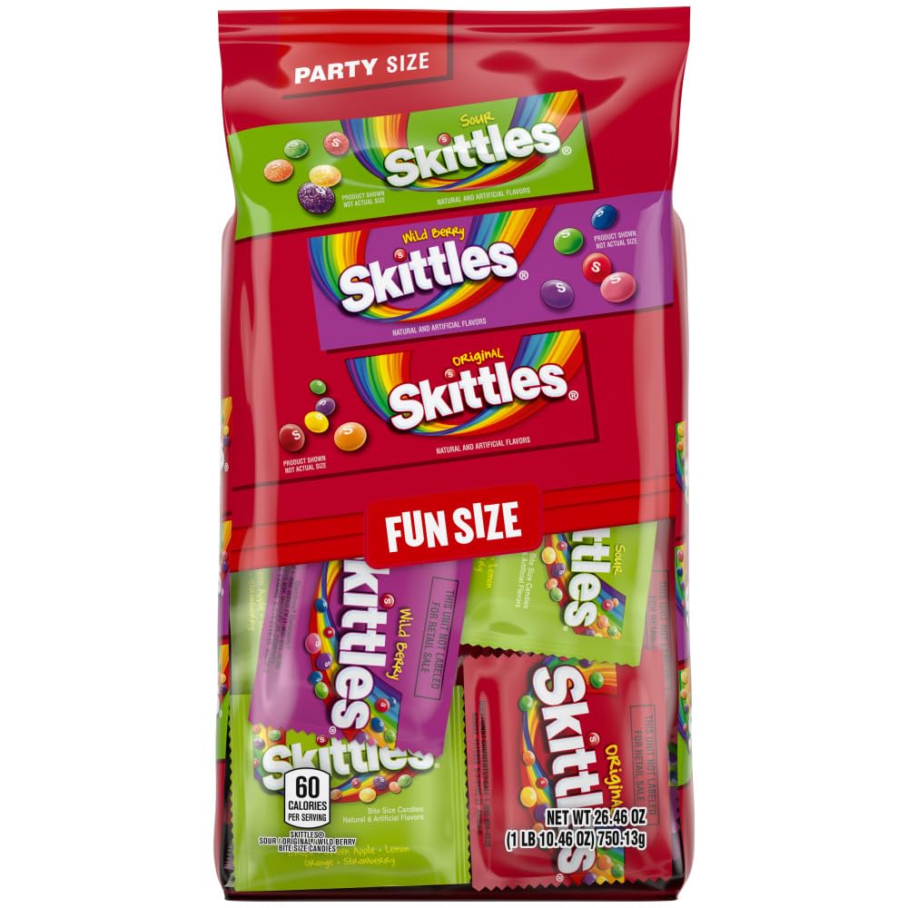 Wrigley's Skittles Fun Size Original, Wild Berry, and Sour Chewy Individually Wrapped Stocking Stuffers Christmas Candy Variety Pack, 26.46 Oz Bulk Bag