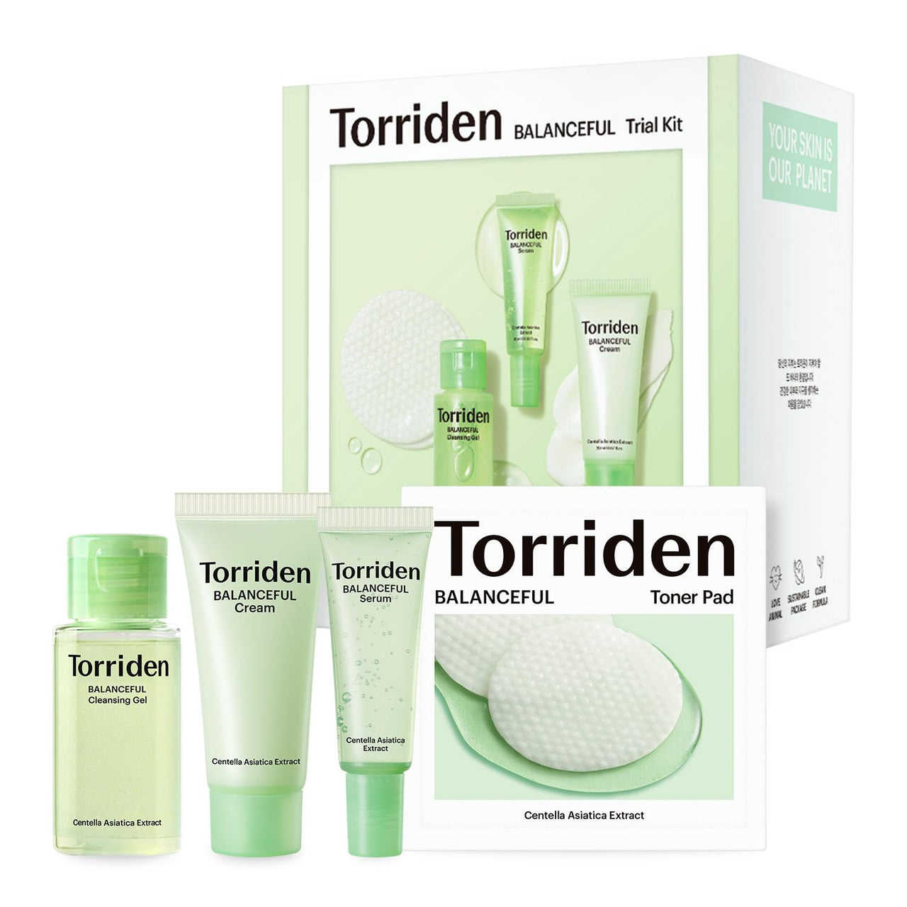 Torriden BALANCEFUL Cica Trial Kit, 5D Cica Infused Daily Skincare Kit - 4 Step Regimen with Cleansing Gel, Toner Pad, Serum, and Cream | Travel Essential | Korean Skin Care Set