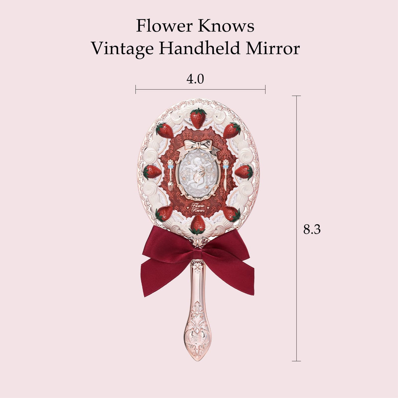 Flower Knows Strawberry Cupid Hand Mirror,Vintage Handheld Mirror,Fancy & Pretty Princess Mirror with Long Handle,Gift for Girls & Women(Red Velvet)
