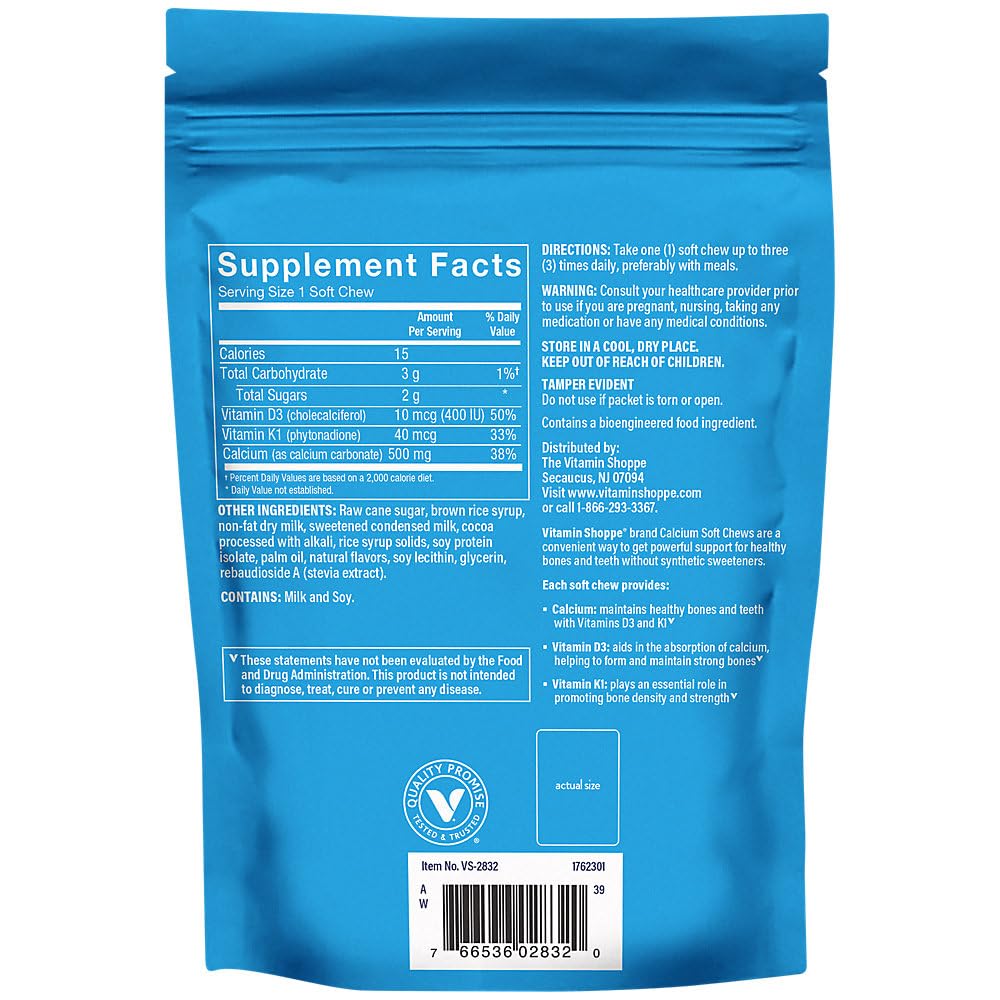 Calcium Chews 1,000mg, Chocolate Flavored Chews – Mineral Essential for Healthy Bones & Teeth, No Artificial Sweeteners – with Vitamin K1 & D3 (60 Chews) by The Vitamin Shoppe
