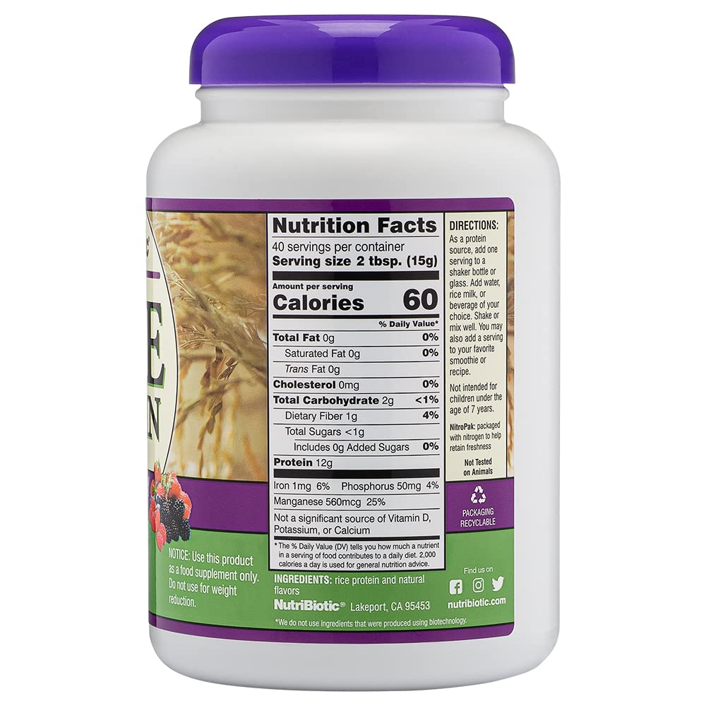 NutriBiotic – Mixed Berry Rice Protein, 1 Lb 5 Oz (600g) | Low Carb, Keto-Friendly, Vegan, Raw Protein Powder | Grown & Processed Without Chemicals, GMOs or Gluten | Easy to Digest & Nutrient-Rich