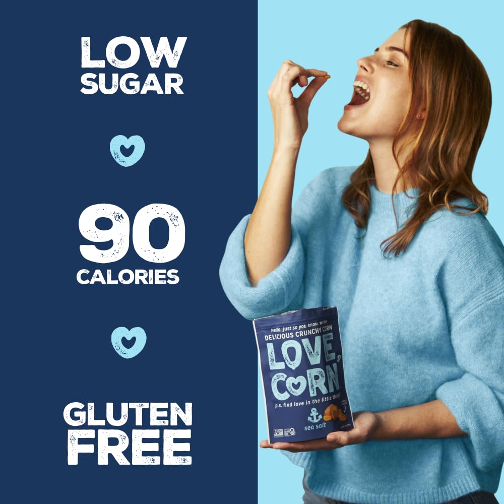 LOVE CORN Family Favorite Sea Salt, BBQ, Salt & Vinegar, Cheddar | Delicious Crunchy Corn Snacks | .07oz x 20 Gluten Free, Vegan Bags | Convenient for Lunch Boxes, Commuting & Office Snacks
