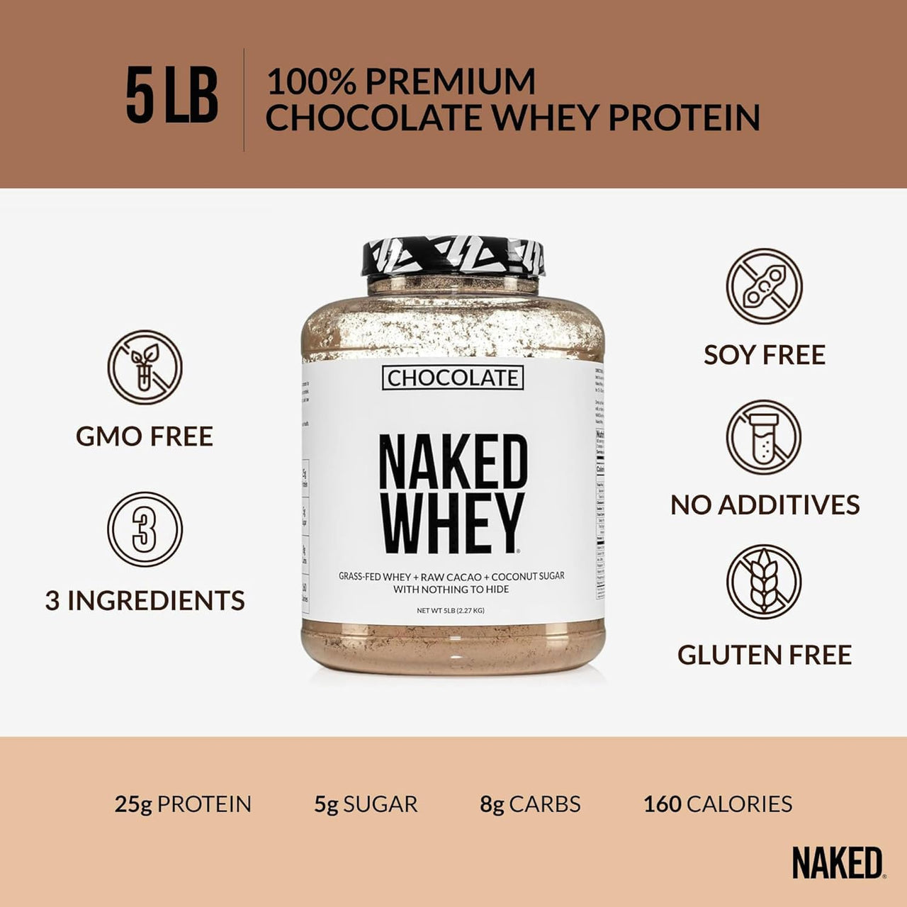NAKED Whey Chocolate Protein Powder 5LB (60 Servings) + Chocolate Peanut Butter Powder (47 Servings) Bundle