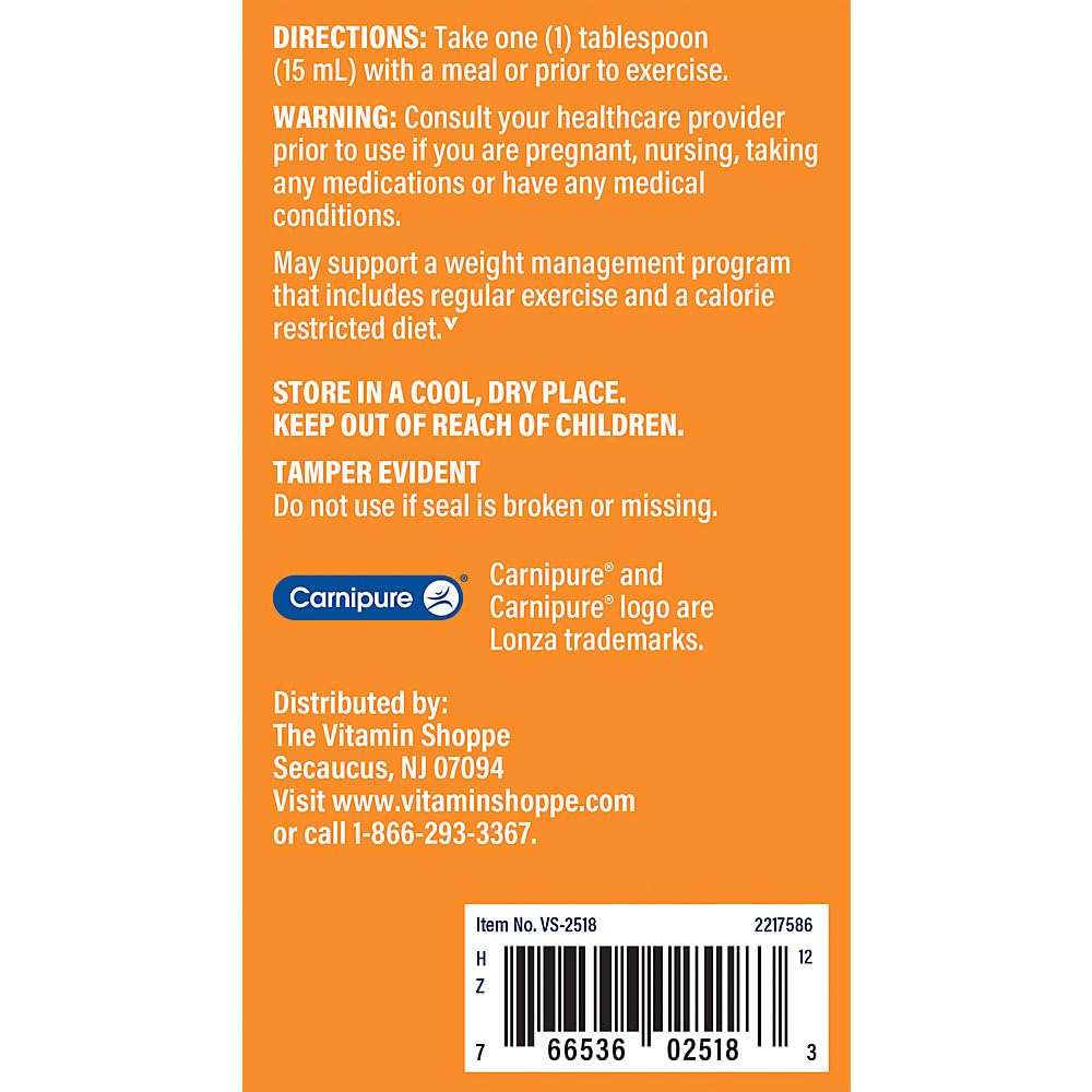The Vitamin Shoppe L-Carnitine Liquid 3000mg - Cardio Performance & Fat Burner | Free-Form Amino Acid | 24 oz Raspberry | Vegan