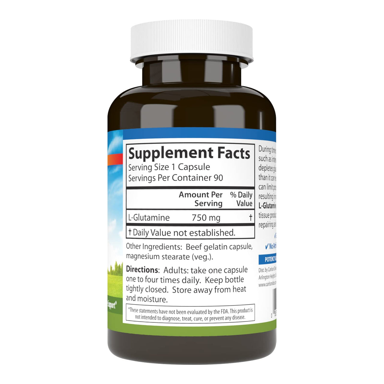 Carlson - L-Glutamine, Free-Form Amino Acid, 750 mg, Muscle Tissue Production, 90 Capsules