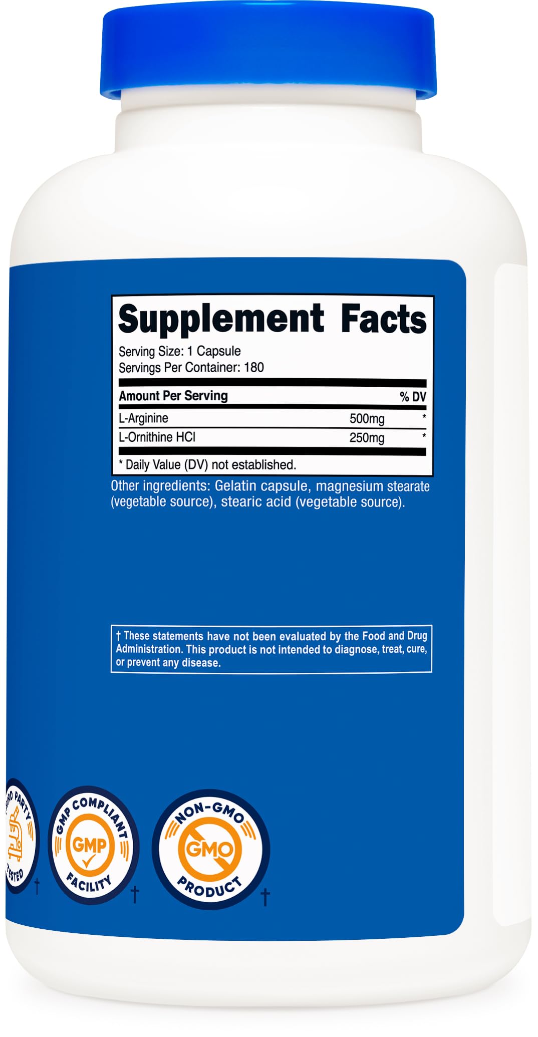 Nutricost L-Arginine L-Ornithine 750mg; 180 Capsules