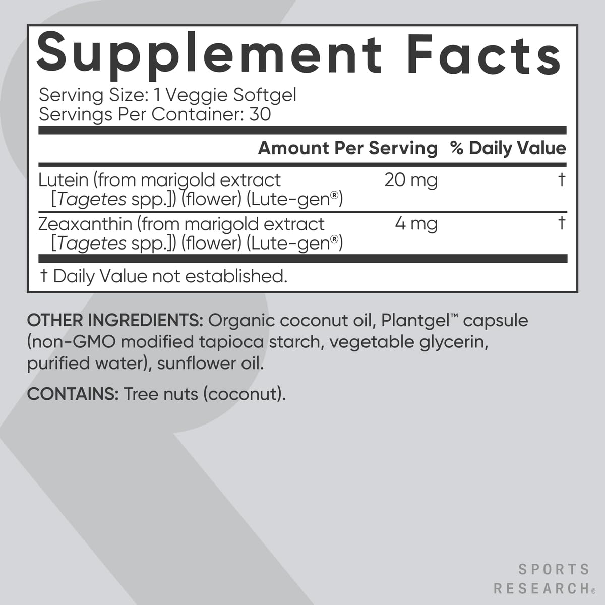 Sports Research® Lutein and Zeaxanthin Capsules - Eye Health Support Supplement Made with Lute-Gen® and Organic Coconut Oil - Vegan Friendly & Non-GMO Verified - 30 Veggie Softgels