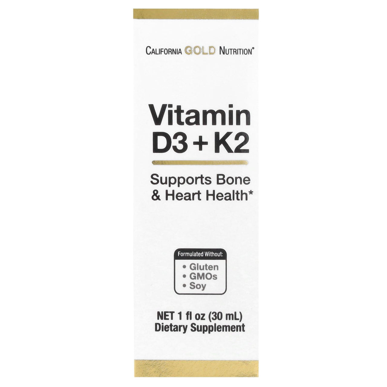 Vitamin D3 + K2 Supplement by California Gold Nutrition, Support for Bone and Heart Health, Gluten Free, Non-GMO, 1000 IU, 1 fl oz (30 ml), California Gold Nutrition