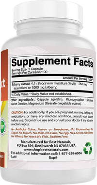 Thumbnail for Best Naturals Bilberry Extract 1000mg Capsule (Non-GMO) Supports Healthy Vision, 90 Count