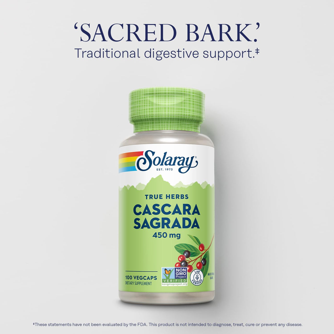 SOLARAY Cascara Sagrada 450 mg - Traditional Herb - Non,GMO, Lab Verified, 60 Day Money-Back Guarantee - 100 Servings, 100 VegCaps
