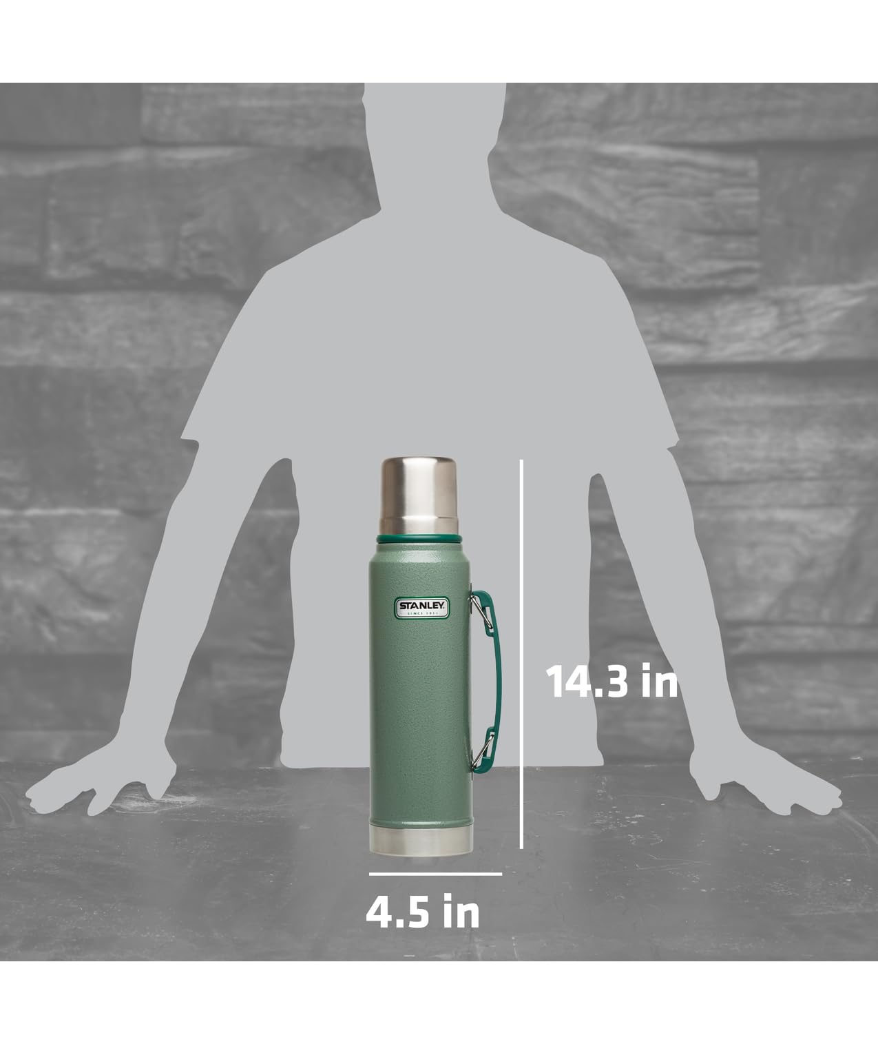 Stanley Heritage Classic Vacuum Bottle with Handle 1.1 qt | Wide Mouth with Leakproof Cup Lid | Keep Drinks Hot or Cold for Travel | Insulated Stainless Steel Thermos | BPA-Free | Hammertone Green