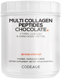 Thumbnail for Codeage Multi Collagen Chocolate Protein Powder - Hydrolyzed Bovine Collagen Peptides, 5 Collagen Types & MCT Oil - Collagen Creamer, Chocolate Collagen Peptides - Protein Shakes - Non-GMO - 18.17 oz
