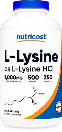 Thumbnail for Nutricost L-Lysine 1000mg Per Serving, 250 Servings, 500 Capsules - Gluten Free, Non-GMO, 500mg Per Capsule