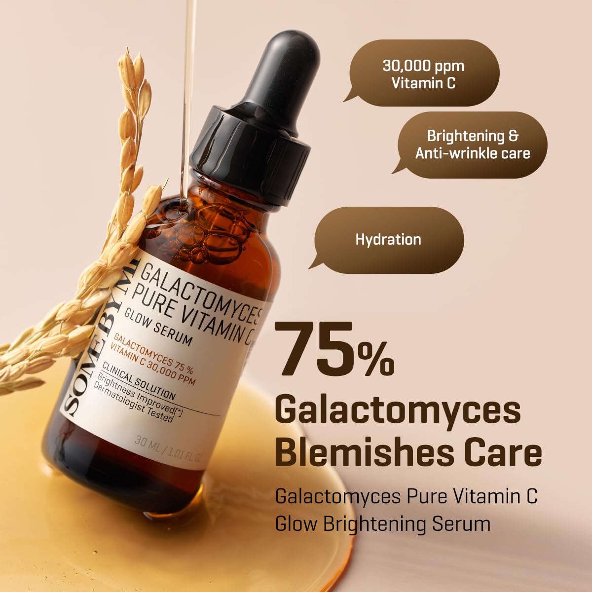 SOME BY MI Galactomyces Pure Vitamin C Glow Serum - 1.01Oz, 30ml - Korean Vitamin C Face Serum for Glow Glass Skin - Dark Spot Correcting Ampule with Brightening and Elasticity Care - Korean Skin Care