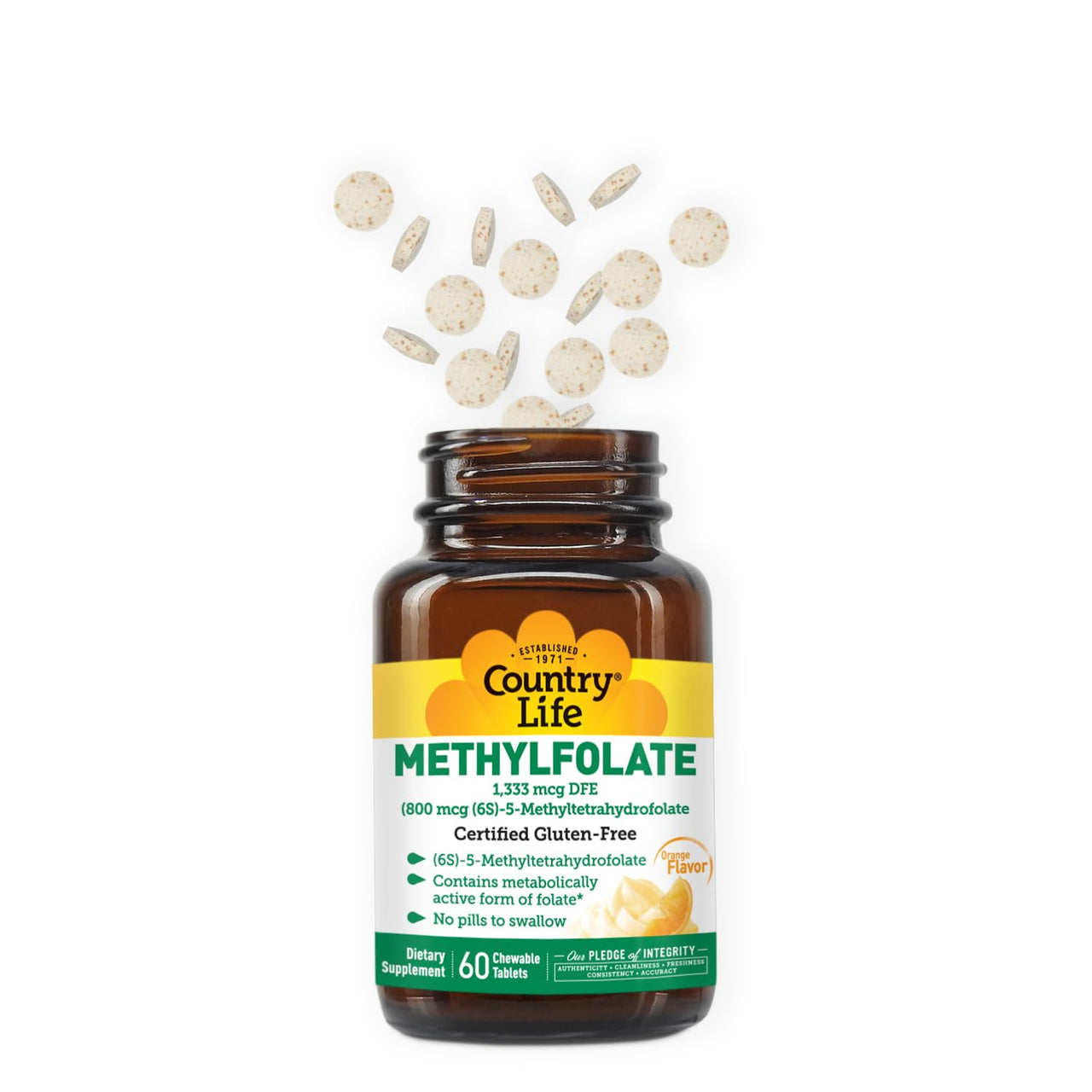 Country Life Methylfolate Chewable Tablets - Metabolically Active Folate - Great Tasting Orange Flavor - Gluten-Free - Smooth Melts - Vegan B12 - Women's Vitamins - Daily Supplement - 60 Tablets