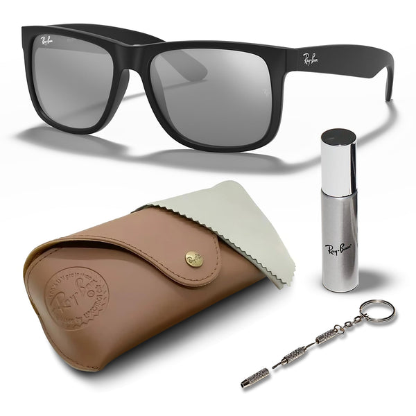 Ray-Ban RB4165F JUSTIN COLOR MIX Square Shaped Non-Polarized Sunglasses for Men – Includes Official RAYBAN Eyewear Kit – Ideal Formal & Casual Wear Sunglasses – Silver Lens
