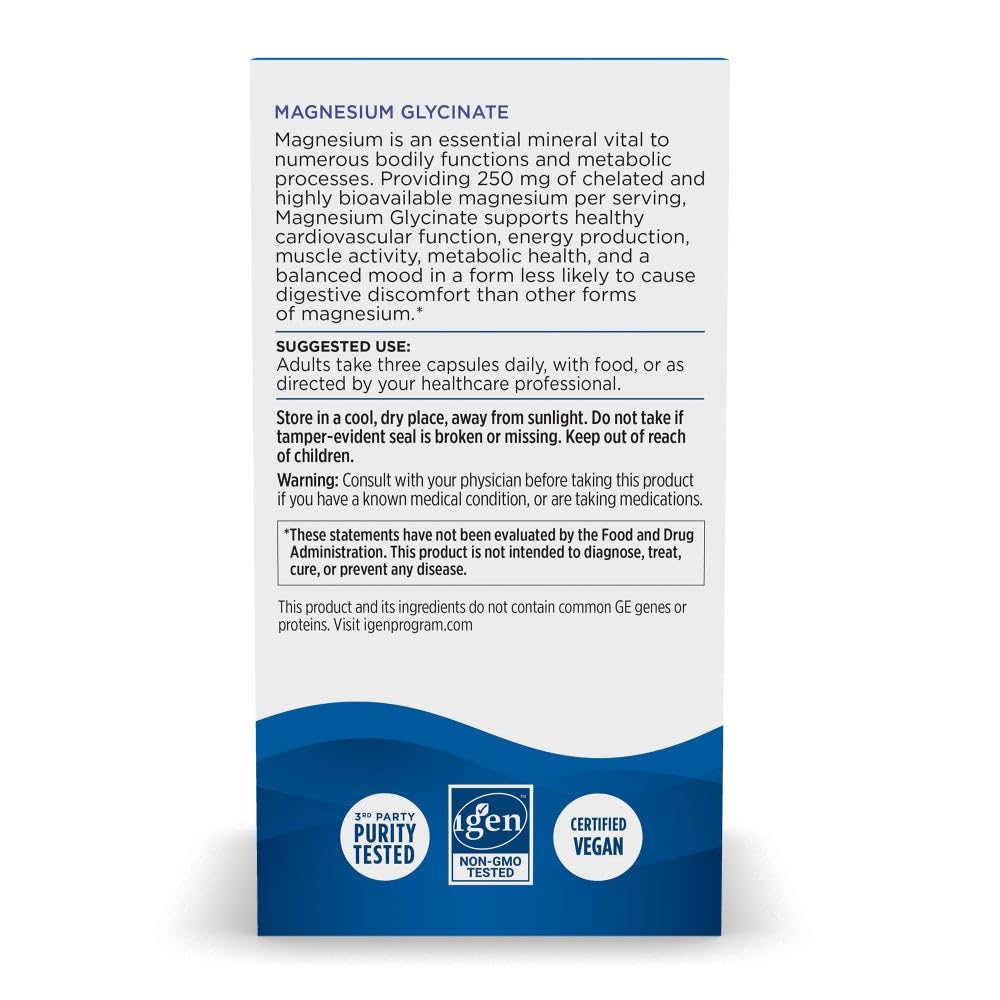 Nordic Naturals Vegetarian Magnesium Glycinate Capsules, Unflavored, 90 Count - 250mg Magnesium per Serving - Highly Bioavailable Support for Muscle & Cardiovascular Function - Non-GMO - 30 Servings