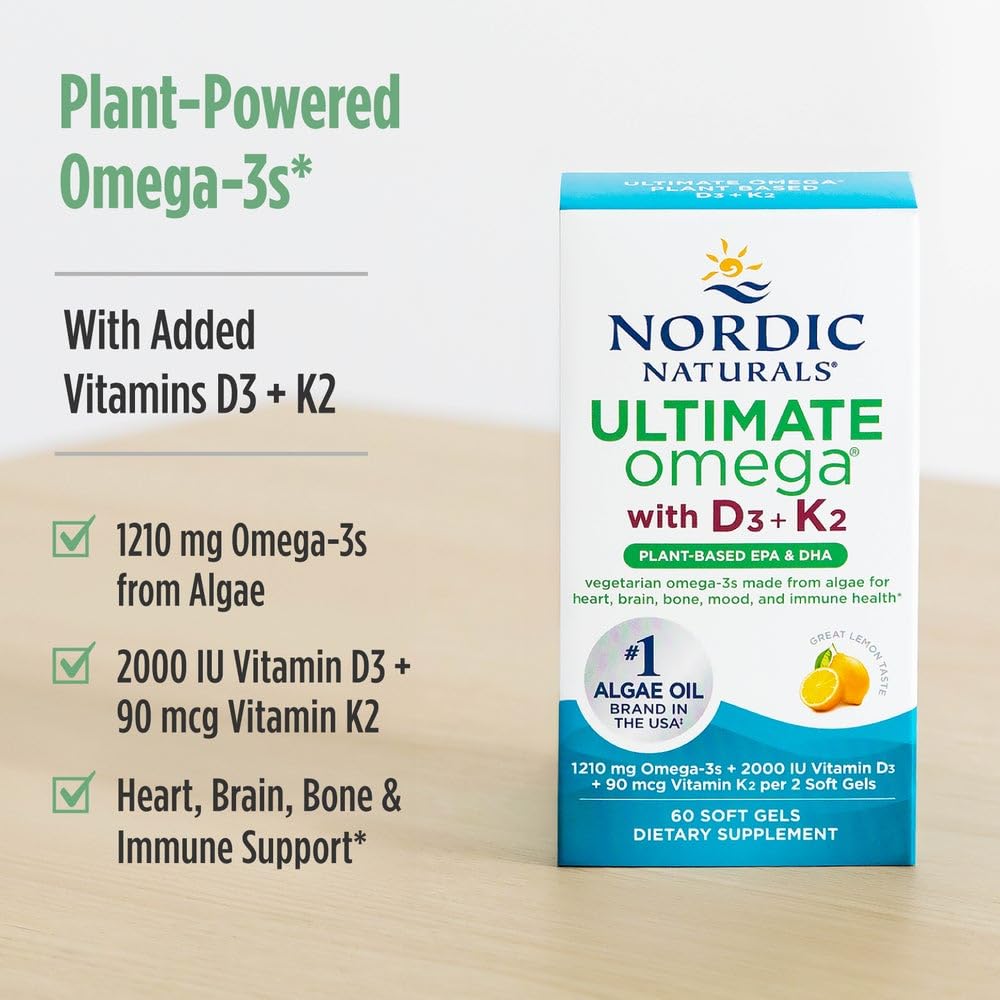 Nordic Naturals Ultimate Omega Plant Based Vitamin with Vitamin D3+K2-60 Vegetarian Soft Gels - 1210 mg Omega-3s Plus 2000 IU D3 and 90 mcg K2 - Promotes Brain Health - Non GMO - 30 Servings