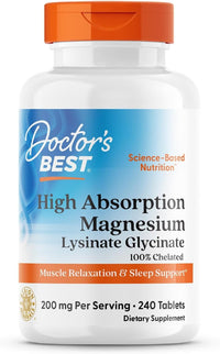 Thumbnail for Doctor's Best High Absorption Magnesium Glycinate Lysinate Supplement for Sleep Support - Chelated Magnesium Tablets for Women & Men, 200mg per Serving, Supports Calm & Relaxation, Vegan - 240 Count
