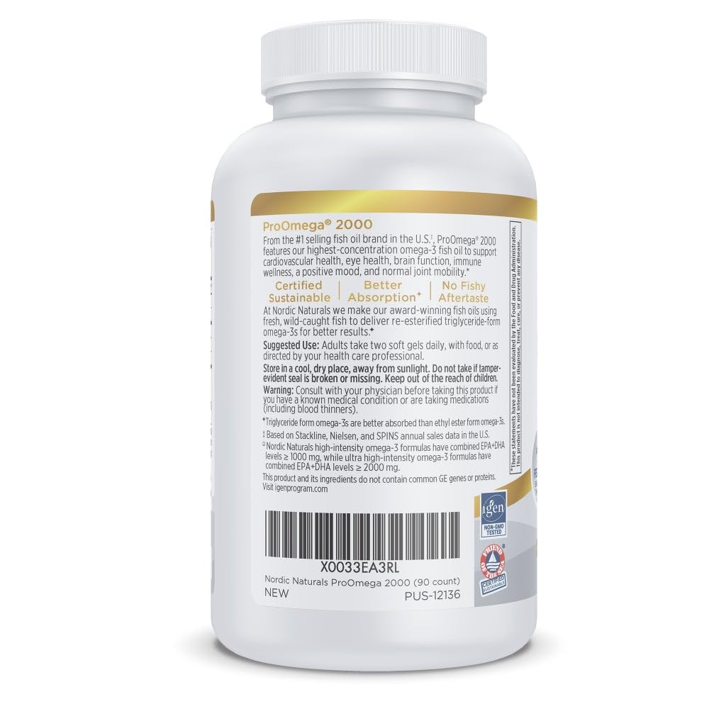 Nordic Naturals ProOmega 2000, Lemon Flavor - 90 Soft Gels - 2150 mg Omega-3 - Ultra High-Potency Fish Oil - EPA & DHA - Promotes Brain, Eye, Heart, & Immune Health - Non-GMO - 45 Servings