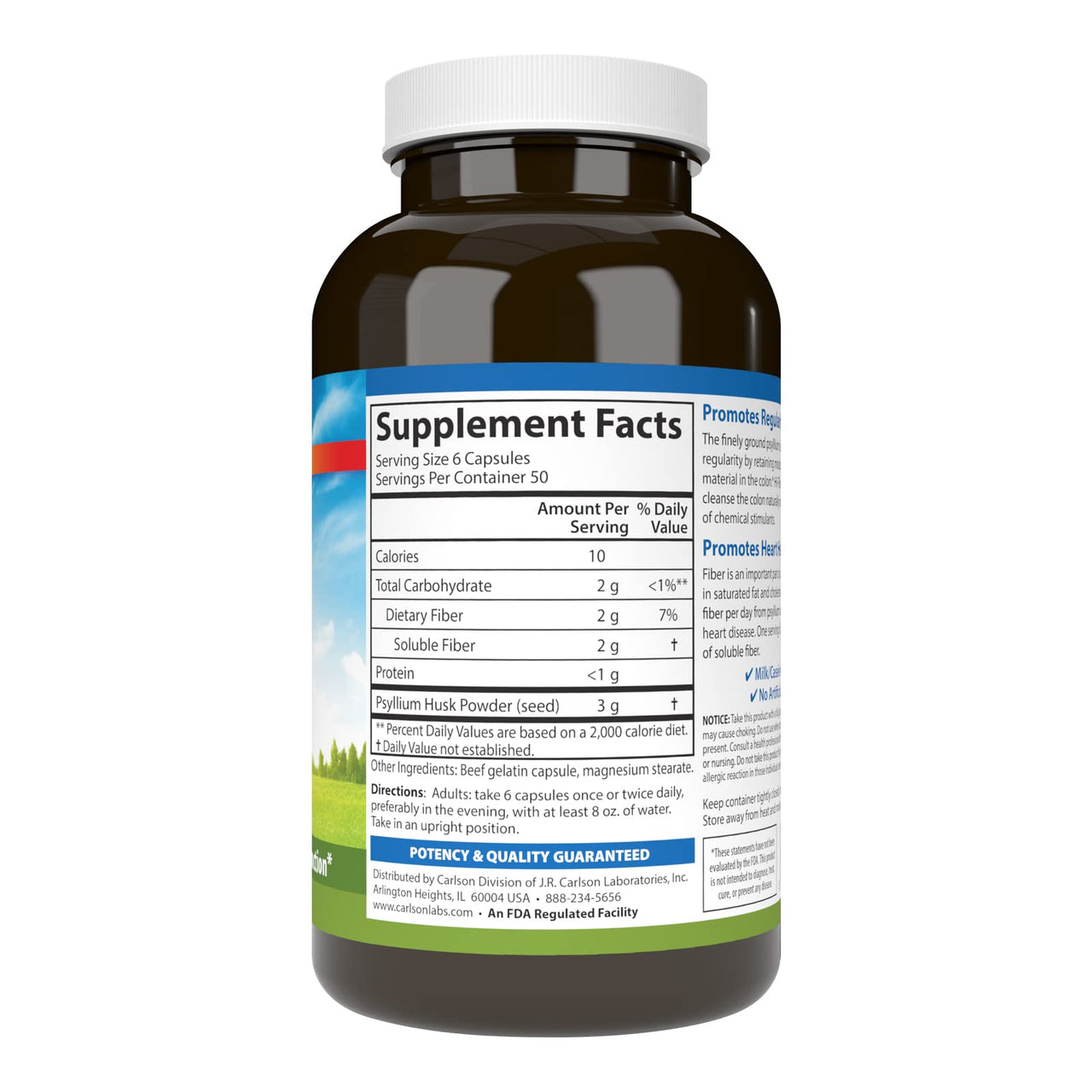 Carlson - Hi-Fiber, 3 g, Psyllium Husk Capsules, Regularity, Colon Health & Heart Function, 300 Capsules