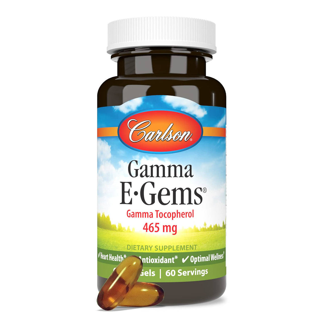 Carlson - Gamma E-Gems, Gamma Tocopherol 465 mg, Heart Health & Optimal Wellness, Antioxidant, 60 Soft gels