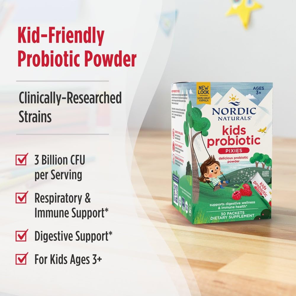 Nordic Naturals Kids Probiotic Quick Melt Powder, Mixed Berry - 30 Packets - 3 Billion CFU - Digestive Wellness, Immune Support - Non-GMO, Vegan - 30 Servings