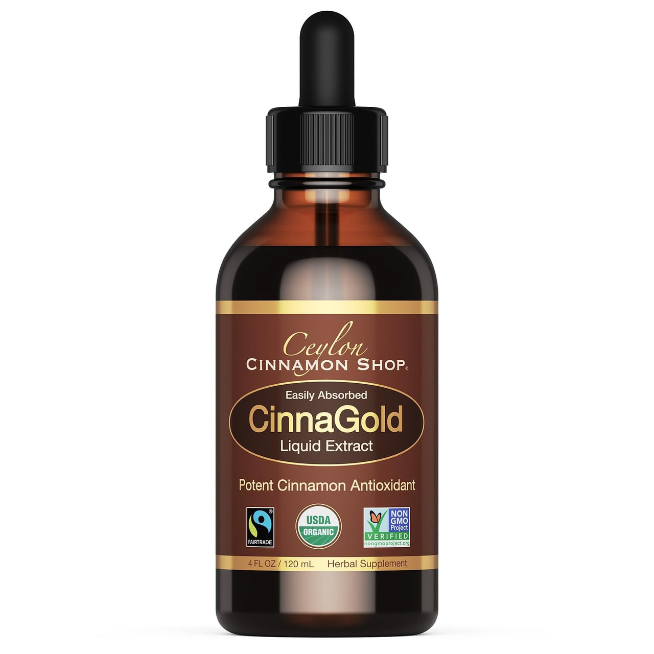 Ceylon Cinnamon Shop CinnaGold™ Organic Ceylon Cinnamon (100% Certified) Supplement, High-Potency Liquid Extract, 4 oz. – Super Antioxidant