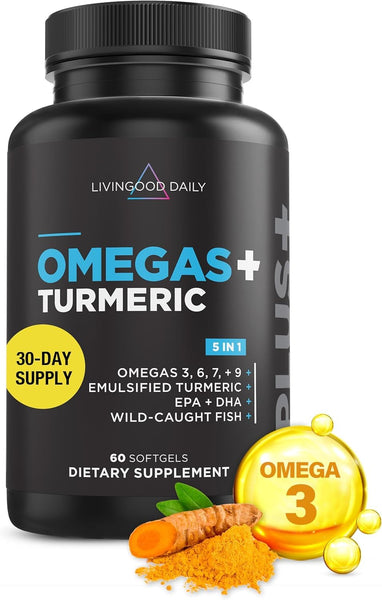 Livingood Daily Omega 3 6 9 Plus Turmeric Curcumin Supplement, 60 Softgels - Fish Oil Omega 3 Supplements (EPA & DHA) for Men and Women - Brain, Joint, Heart Health, and Metabolism - Made in USA