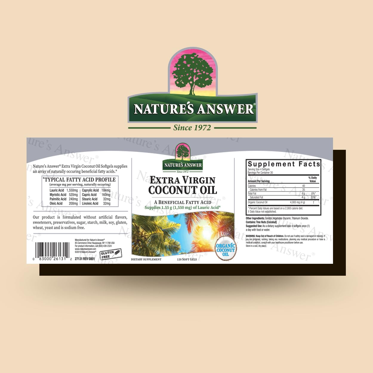 Nature's Answer Extra Virgin Coconut Oil Softgels Organic Coconut Oil Multi-Purpose Non-GMO Ideal for For Hair Skin Body Moisturizer Gluten Free Paleo Friendly (120 Capsules)