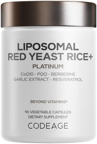 Thumbnail for Codeage Liposomal Red Yeast Rice Platinum - 1200 mg Red Yeast Rice Supplement, CoQ10, Berberine, Garlic & Grape Seed Extract, Resveratrol, PQQ - Liposomal Delivery - Non-GMO - 90 Capsules