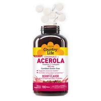 Thumbnail for Country Life Acerola Vitamin C Complex, 500mg, Chewable Berry Flavored Wafers, Supports Immune Health, 180 Wafers, Certified Gluten Free by GFCO , Certified Vegan by AVA