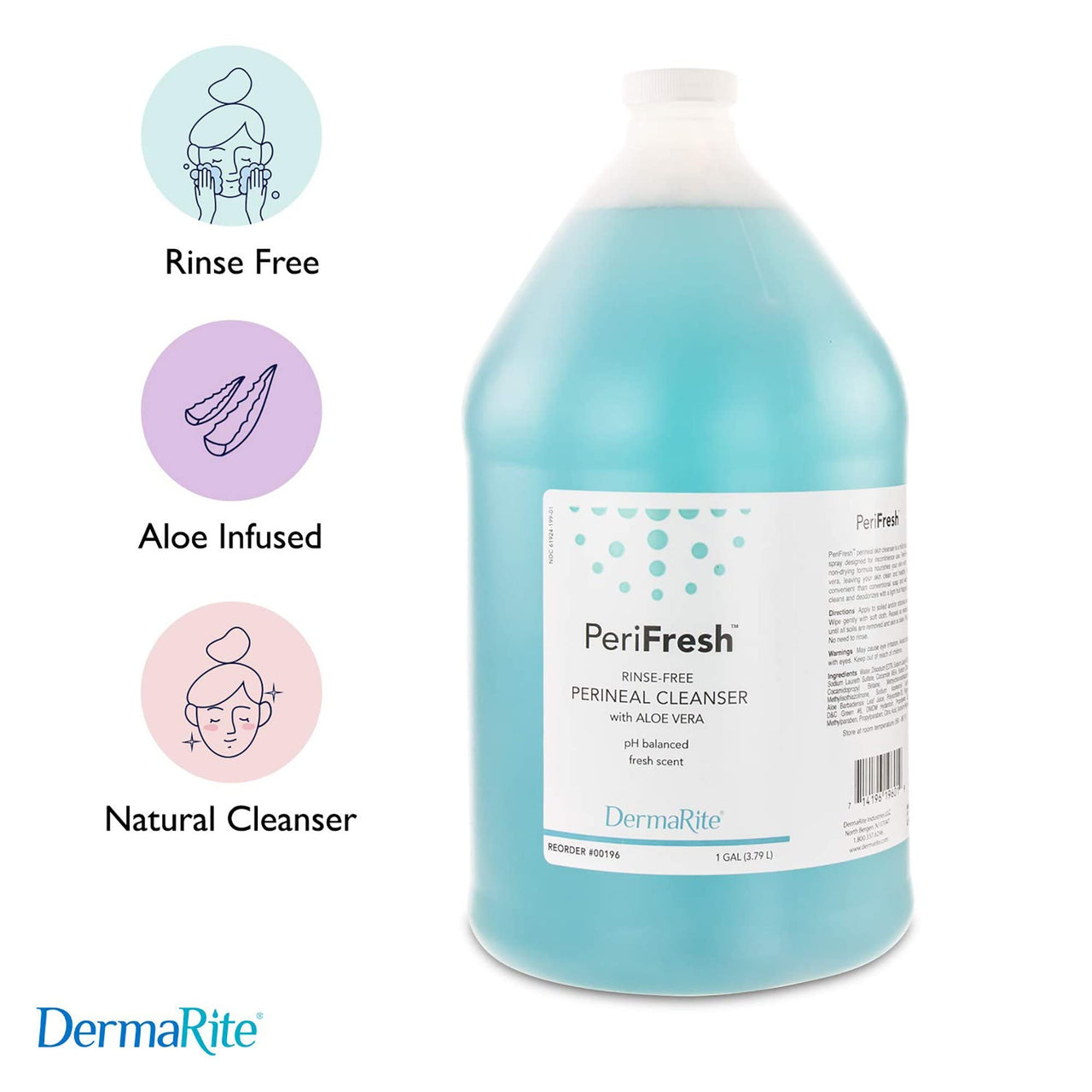 DermaRite PeriFresh Rinse-Free Perineal Cleanser - Aloe Vera Enriched, pH-Balanced, Odor Neutralizing - 1 Gal, 1 Count