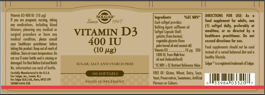 Solgar, Vitamin D3 (Cholecalciferol) 400 Iu, 100 Count