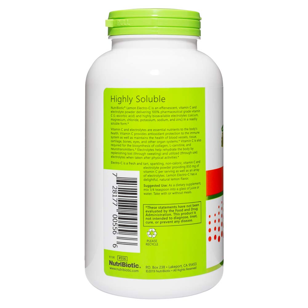 NutriBiotic - Lemon Electro-C, Vitamin C & Electrolyte Powder, 16 OZ | 850 Mg Vitamin C Per Serving | Effervescent Electrolyte Recharge | Buffered & Highly Soluble | Free of Calories, Gluten & Non-GMO