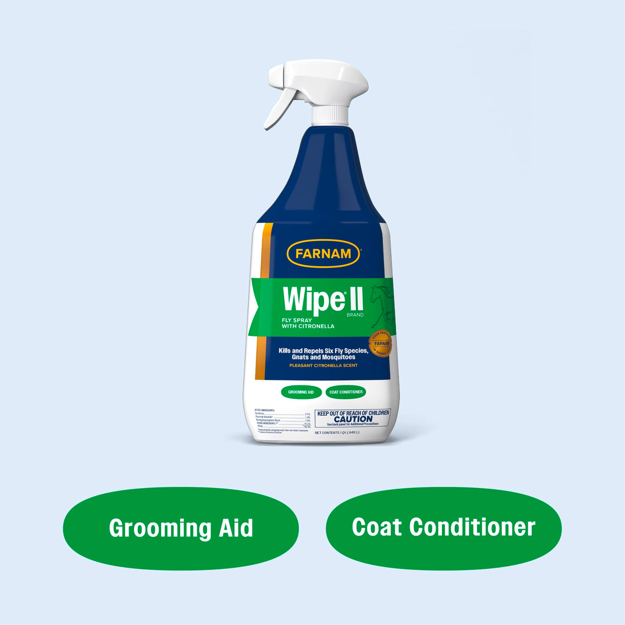 Farnam Wipe II Brand Horse Fly Spray with Citronella, Kills and Repels Flies, Conditions Coats, 32 oz