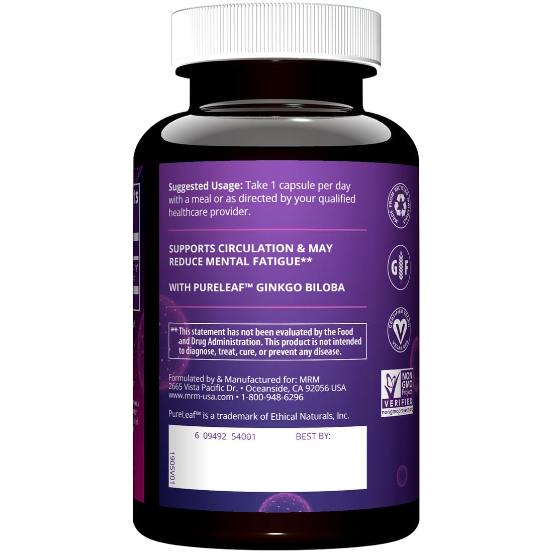 MRM Nutrition Ginkgo B - For Women & Men - 60 mg Vegetarian Capsules, Ginkgo Biloba Leaf Extract for Circulation Strength & Brain Support, Herbal, Vegan, Non‑GMO Supplement for Adults - 60 Servings