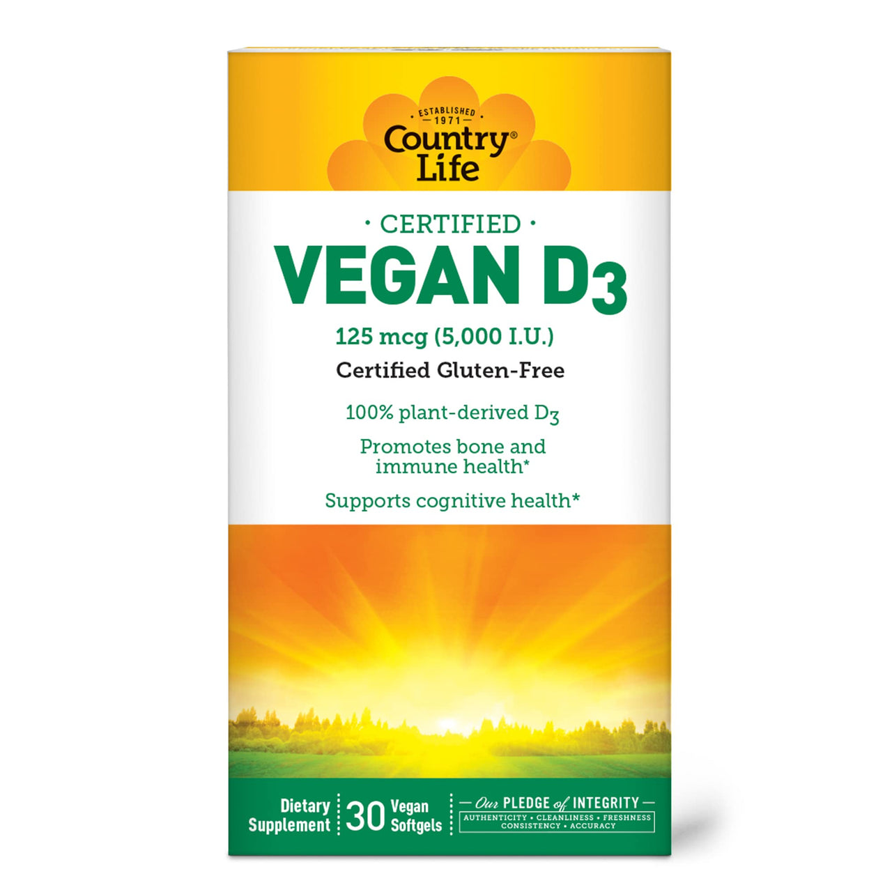 Country Life Vegan D3 5000 IU – Plant-Derived Vitamin D3 from Lichen – High Potency Immune & Bone Support – Certified Vegan, Gluten-Free, Non-GMO – 30 Softgels