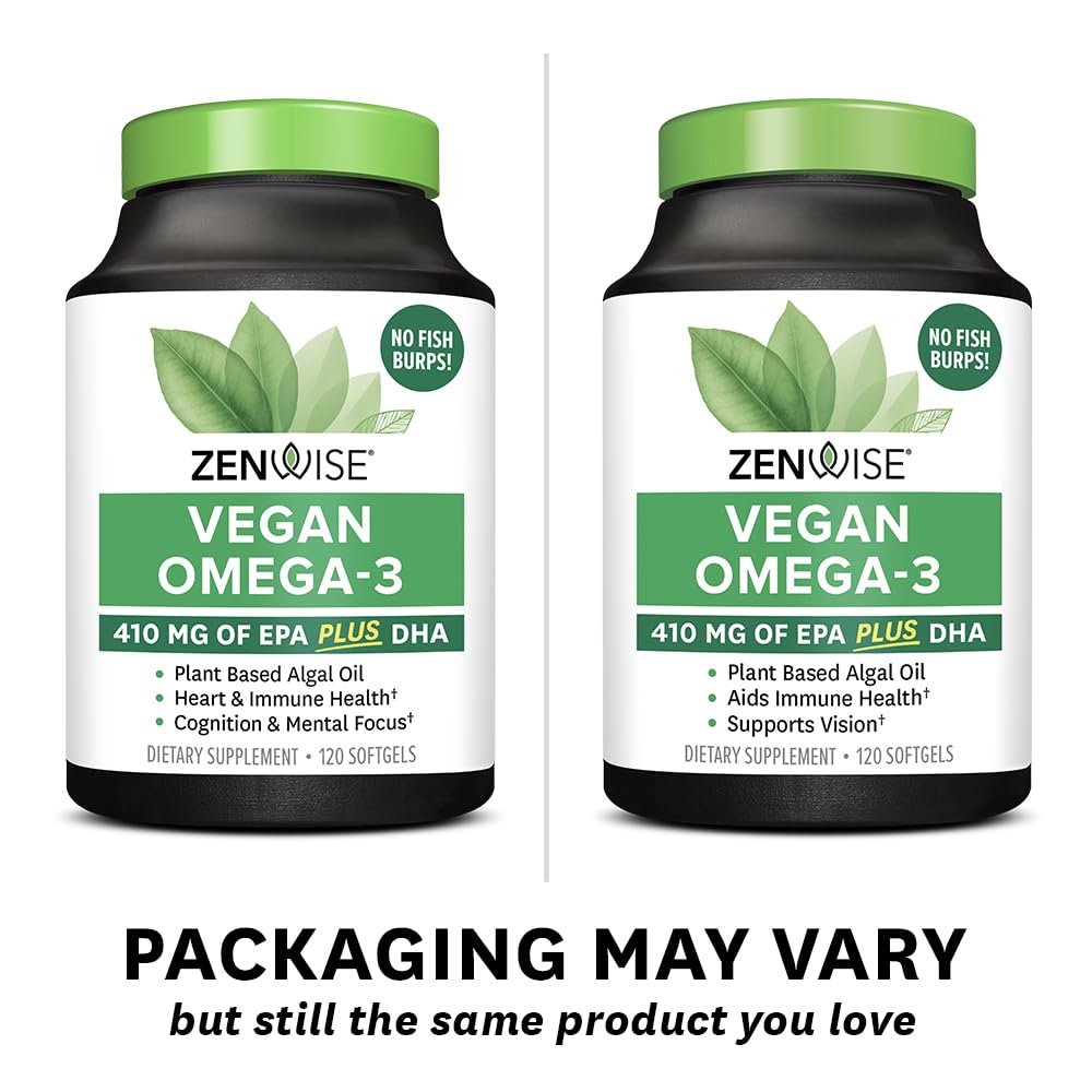 Zenwise Health Vegan Omega 3 Supplement - Burpless Omega 3 Supplement with DHA, EPA & DPA Fatty Acids for Immune Health - Fish Oil Alternative from Sustainably Sourced Marine Algae Oil - 120 Softgels