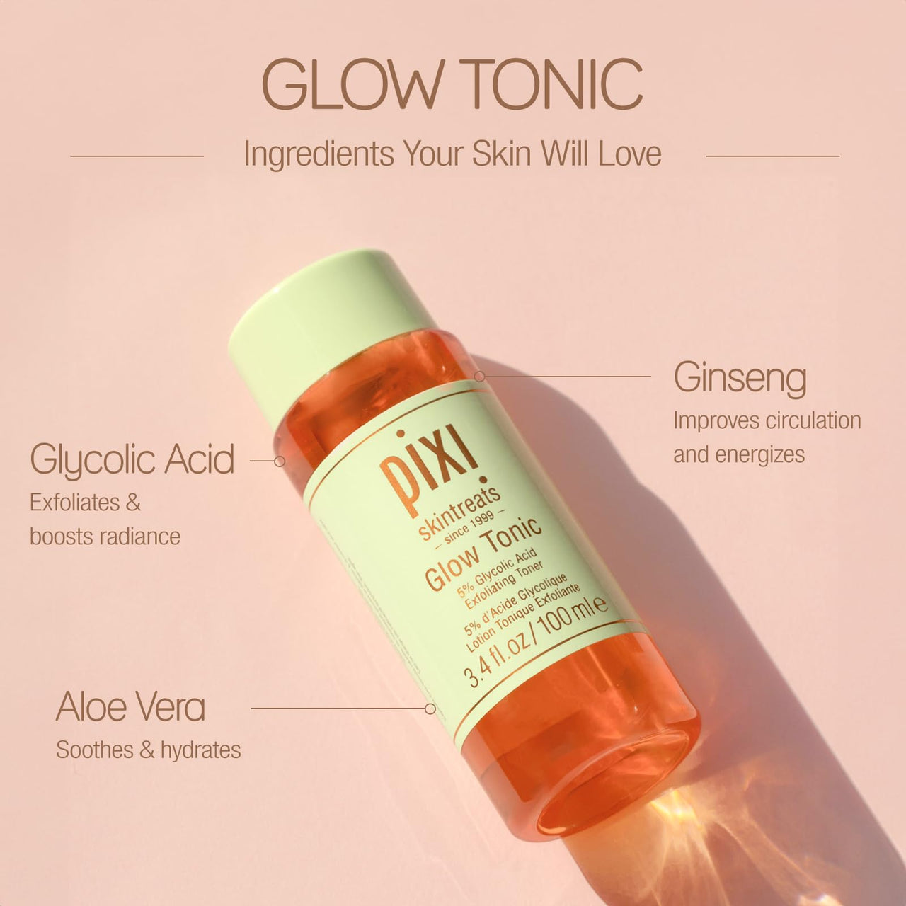 Pixi Glow Tonic Balancing Face Toner Glycolic Acid Toner for Radiant Skin Daily Brightening Toner (3.4 fl oz / 100 ml,)