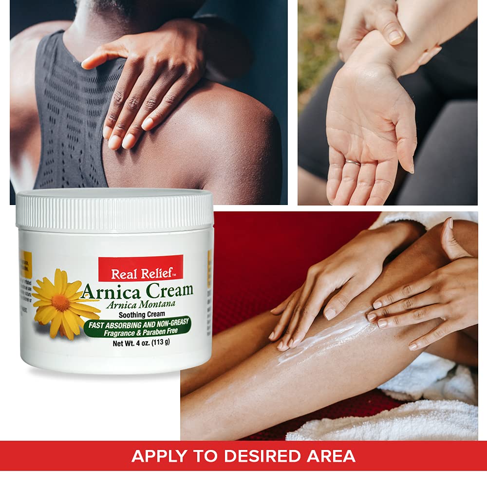 Real Relief Arnica Cream, Natural, Soothing, Non Greasy and Unscented, 4 oz (Pack of 1)
