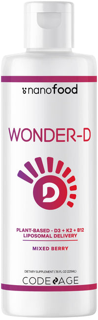 Thumbnail for Codeage Liposomal Wonder-D, Vegan Cholecalciferol Vitamin D3 1000 IU Liquid Drops Supplement, Plant-Based Vitamins B12 & K2, Non-GMO Sunflower Phospholipids, Vitamin E, Mixed Berry Flavor, 7.6 fl oz