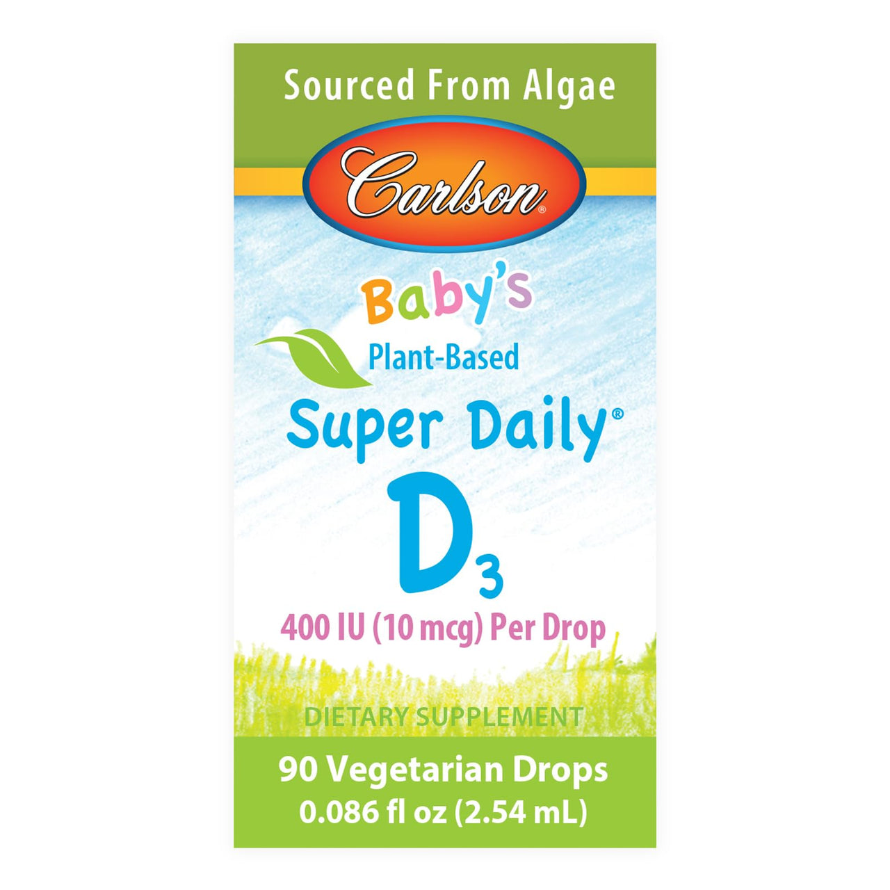 Carlson - Baby's Plant-Based Super Daily D3, Baby Vegetarian Liquid Vitamin D Drops, 400 IU (10 mcg) per Drop, Sourced from Algae, for Infants and Toddlers, Unflavored, 90 Drops (2.54 mL)
